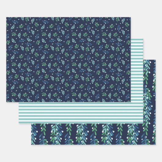 Blauwe twijgen en witte kerstpatronen inpakpapier vel (Set)