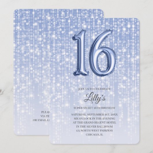 Blauwe Twinkle Licht Foil ballon 16th Birthday Kaart (Voorkant / Achterkant)