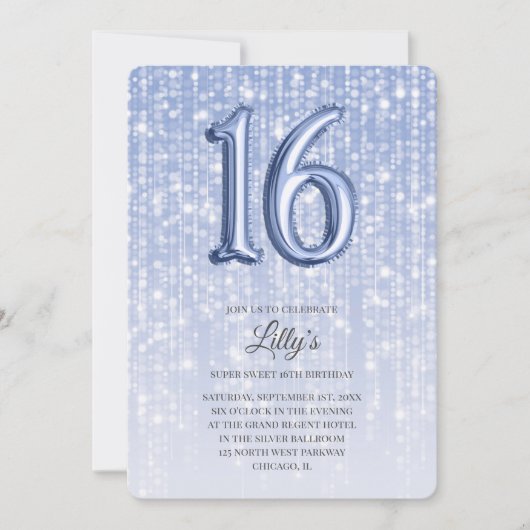 Blauwe Twinkle Licht Foil ballon 16th Birthday Kaart (Voorkant)