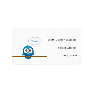 Blauwe twitter vogel cartoon adresetiketten etiket
