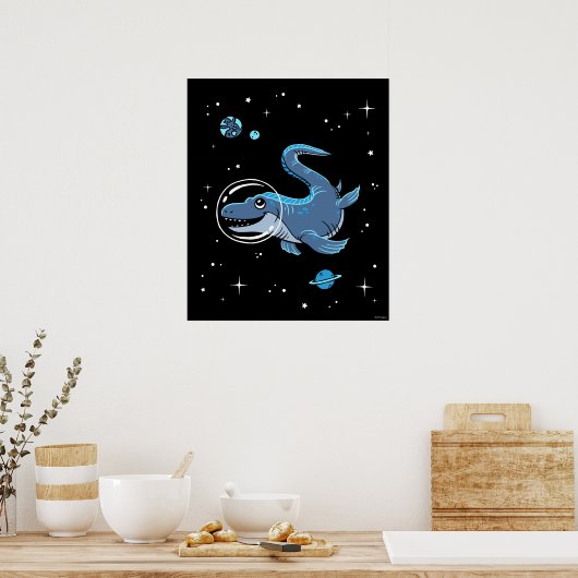 Blauwe tylosaurus dinos in de ruimte poster (Keuken)