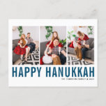 Blauwe Typografie Foto Collage Happy Hanukkah Feestdagenkaart<br><div class="desc">Happy Hanukkah!  Happy Hanukkah-fotocollage-briefkaart met blauw,  eenvoudige typografie en sneeuwpatroon. Personaliseer door drie foto's,  namen,  jaar en andere details toe te voegen. Dit moderne Hanukkah-briefkaart is verkrijgbaar in andere kleuren en in kartonnen dozen.</div>