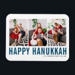 Blauwe Typografie Foto Collage Happy Hanukkah Magneet<br><div class="desc">Fijne Chanoeka! Vier het vreugdevolle Lichtfestival met onze aanpasbare foto Hanukkah magneet! Met deze feestelijke magneet kunt u uw favoriete herinneringen laten zien terwijl u een persoonlijk tintje aan uw vakantiedecor toevoegt. Het is een eenvoudige blauwe typografie. Personaliseer door drie foto's, namen, jaar en andere details toe te voegen. Een...</div>