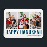 Blauwe Typografie Foto Collage Happy Hanukkah Magneet<br><div class="desc">Fijne Chanoeka! Vier het vreugdevolle Lichtfestival met onze aanpasbare foto Hanukkah magneet! Met deze feestelijke magneet kunt u uw favoriete herinneringen laten zien terwijl u een persoonlijk tintje aan uw vakantiedecor toevoegt. Het is een eenvoudige blauwe typografie. Personaliseer door drie foto's, namen, jaar en andere details toe te voegen. Een...</div>