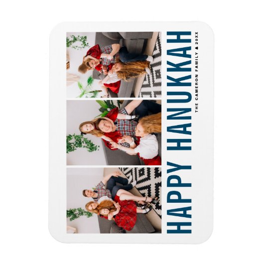 Blauwe Typografie Foto Collage Happy Hanukkah Magneet (Verticaal)