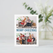 Blauwe Typografie Merry Kerstfeest Drie Foto Feestdagenkaart (Staand voorkant)