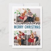 Blauwe Typografie Merry Kerstfeest Drie Foto Feestdagenkaart (Voorkant)