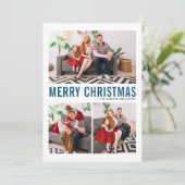 Blauwe Typografie Merry Kerstfeest Drie Foto Feestdagenkaart (Staand voorkant)