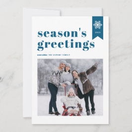Blauwe Typografie Snowflake Season's Greetings Fot Feestdagenkaart