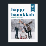 Blauwe Typografie Snowflakes Foto Happy Hanukkah Feestdagenkaart<br><div class="desc">Happy Hanukkah! | Verstuur je vakantiewensen met dit aanpasbare Hanukkah-briefkaart. Het is voorzien van blauwe retro gewaagde typografie,  eenvoudig sneeuwvlokken accent en feestelijk patroon. Personaliseer door namen,  jaar en foto toe te voegen. Deze feestelijke foto Happy Hanukkah briefkaart is verkrijgbaar in verschillende kleuren en in verschillende vormen.</div>