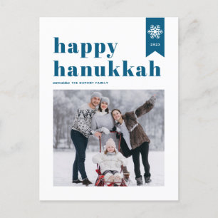 Blauwe Typografie Snowflakes Foto Happy Hanukkah Feestdagenkaart