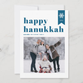 Blauwe Typografie Snowflakes Foto Happy Hanukkah Feestdagenkaart