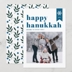 Blauwe Typografie Snowflakes Foto Happy Hanukkah Feestdagenkaart