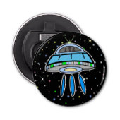 Blauwe UFO met Sterrennacht buitenruimte Button Flesopener (Voorkant)
