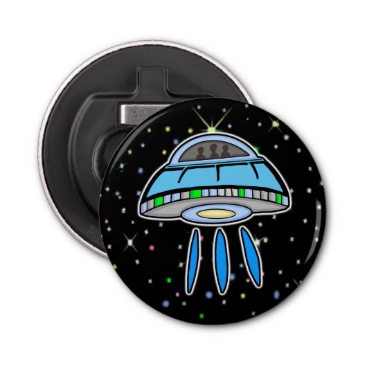 Blauwe UFO met Sterrennacht buitenruimte Button Flesopener (Voorkant)