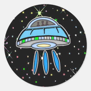 Blauwe UFO met Sterrennacht buitenruimte Ronde Sticker