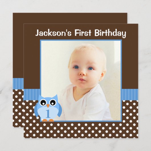 Blauwe Uil Bruin Polka Dot 1e Verjaardag Jongen Fo Kaart (Voorkant / Achterkant)