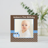 Blauwe Uil Bruin Polka Dot 1e Verjaardag Jongen Fo Kaart (Staand voorkant)