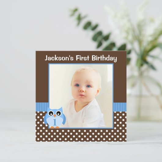 Blauwe Uil Bruin Polka Dot 1e Verjaardag Jongen Fo Kaart (Staand voorkant)