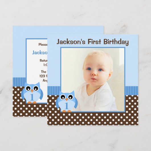 Blauwe Uil Bruin Polka Dots 1e Verjaardag Jongen F Kaart (Voorkant / Achterkant)