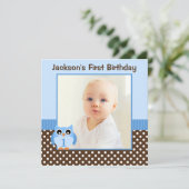 Blauwe Uil Bruin Polka Dots 1e Verjaardag Jongen F Kaart (Staand voorkant)