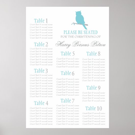 Blauwe uil Christening tafel plan 1-10 Poster (Voorkant)