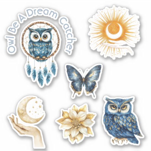 Blauwe Uil Droomvanger Maan Sterren Vlinder Sticker (Voorkant)