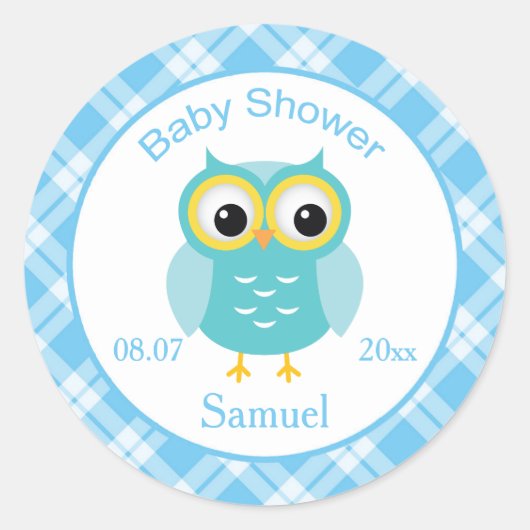 Blauwe uil, gecheckte patroonsticker Baby shower Ronde Sticker (Voorkant)