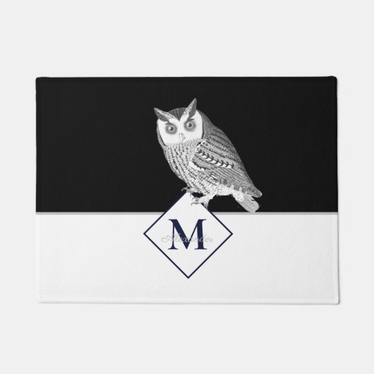 Blauwe Uil Grijs Monogram naam Deurmat (Voorkant)
