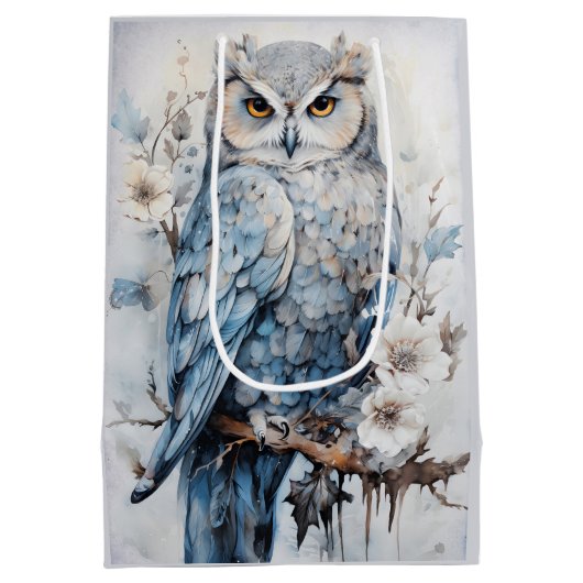 Blauwe uil op een tak Kerstmis Medium Cadeauzakje (Achterkant)