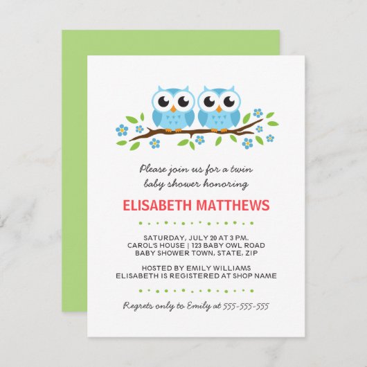 Blauwe uil op een tweeling baby shower kaart (Voorkant / Achterkant)