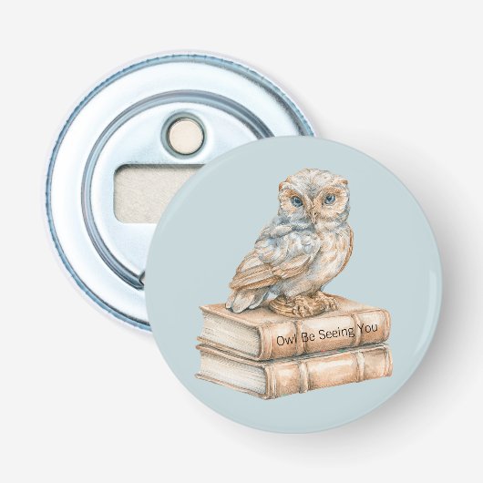 Blauwe Uil Tot Gesiens Boeken Button Flesopener (Voorkant)