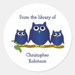 Blauwe Uilen Ontwerp Ex-Libris Ronde Sticker