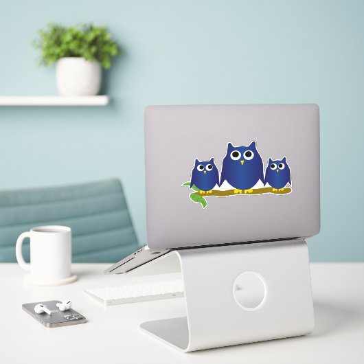 Blauwe Uilen Ontwerp Sticker (Laptop op bureau)