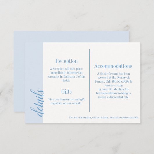 Blauwe uitnodiging Insert, Caroline Wedding Informatiekaartje (Voorkant / Achterkant)