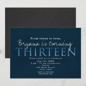 Blauwe uitnodiging voor 13e verjaardagsfeestje (Voorkant / Achterkant)