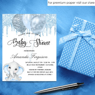 Blauwe uitnodiging voor Baby shower olifant