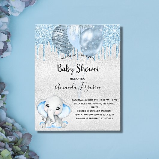 Blauwe uitnodiging voor Baby shower olifant