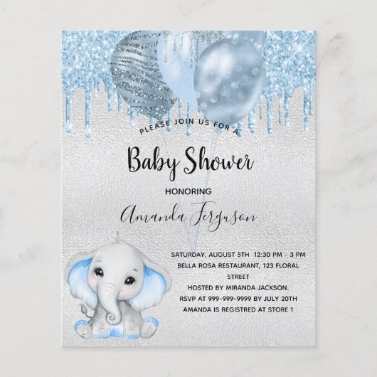 Blauwe uitnodiging voor Baby shower olifant (Voorkant)