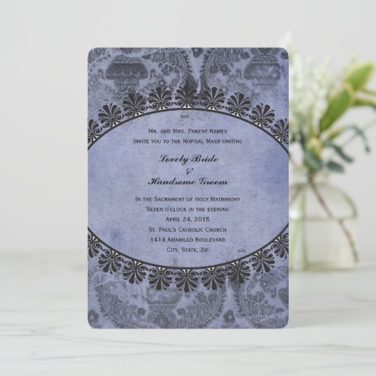 Blauwe  uitnodiging voor een katholieke bruiloft (Staand voorkant)