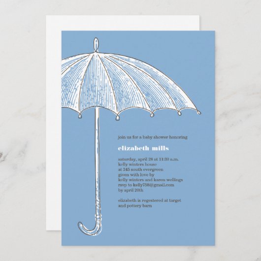 Blauwe Umbrella Shower Party-uitnodigingen Kaart (Voorkant / Achterkant)