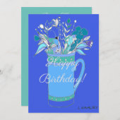 Blauwe V2 Kleurrijke Verjaardagsbloemen in mok Feestdagenkaart (Voorkant / Achterkant)