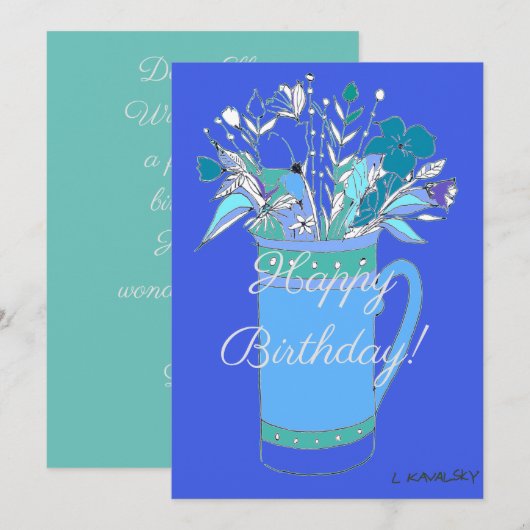 Blauwe V2 Kleurrijke Verjaardagsbloemen in mok Feestdagenkaart (Voorkant / Achterkant)