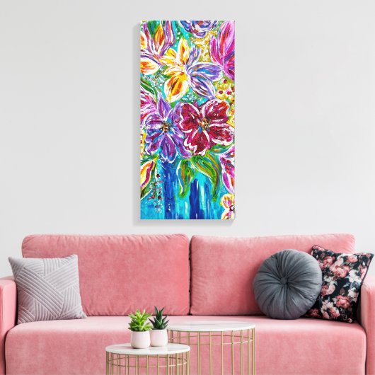 Blauwe vaas bloemige gewikkelde canvas print (Insitu (Woonkamer))