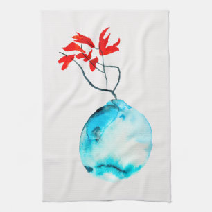 Blauwe vaas watercolor ikebana theedoek