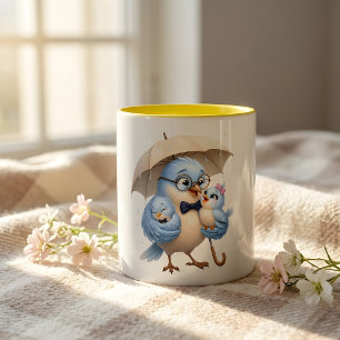 Blauwe Vader Vogel en Baby Vogels Koffiemok Tweekleurige Koffiemok