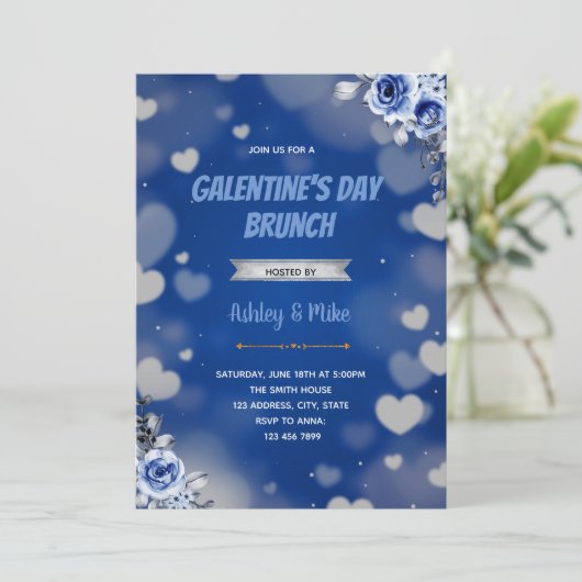 Blauwe valentijn brunch-themauitnodiging bedankkaart (Staand voorkant)