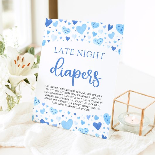 Blauwe Valentijn Late Night Luiers Baby shower Reclamebord Met Voetstuk