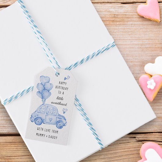 Blauwe Valentijns  Thema Hartballonnen en Auto Cadeaulabel