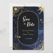 Blauwe vallende ster Hemelse zon- en maanbruiloft Save The Date (Voorkant)